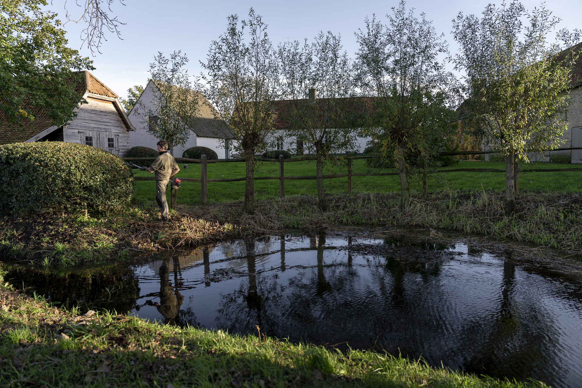 Een vijver in een tuin met een werknemer die de haag aan het snoeien is.